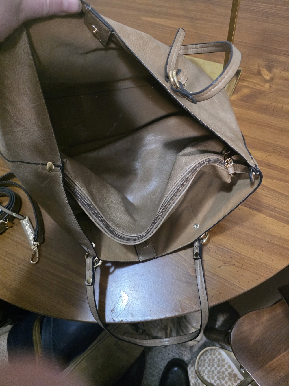 Jenn&co. 2/1 Taupe Shoulder Tote with Gold Hardware Vegan Leather - Picture 6 of 10